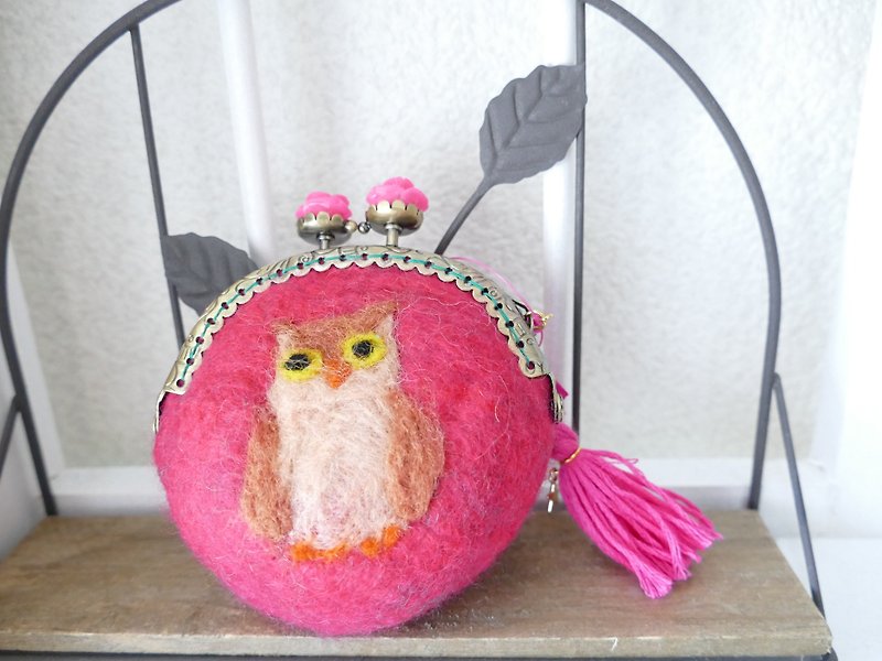 Of wool felt purse owl pink - กระเป๋าใส่เหรียญ - ขนแกะ สึชมพู