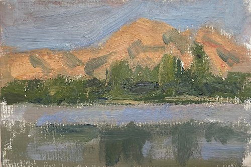 artkaso Evening hills over the lake, oil painting, 4x6in (10x15cm)