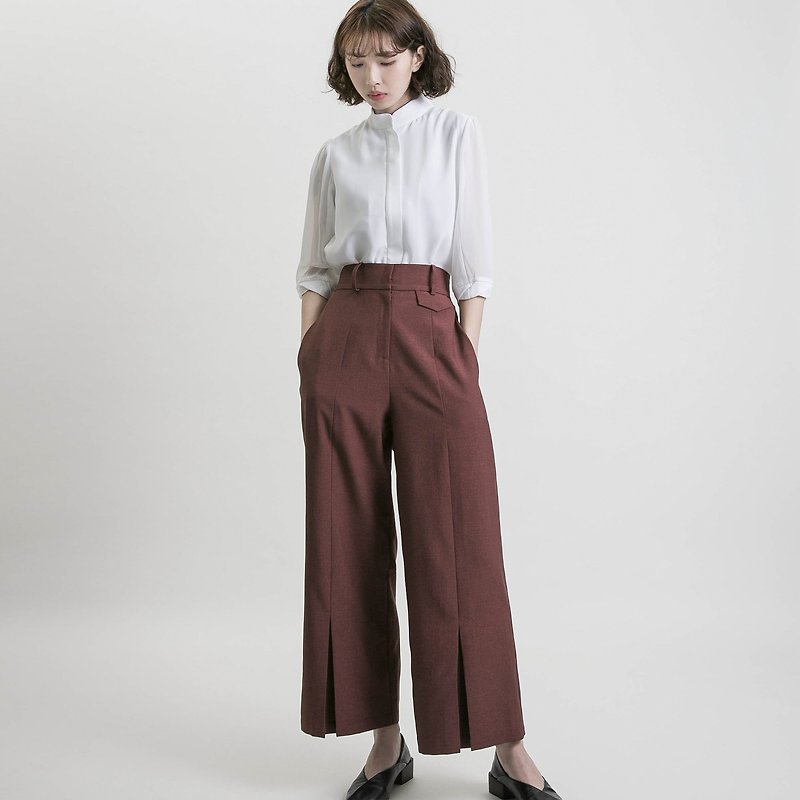 Pure_Pure pleated wide pants_9SF200_brick red - กางเกงขายาว - ผ้าฝ้าย/ผ้าลินิน สีแดง
