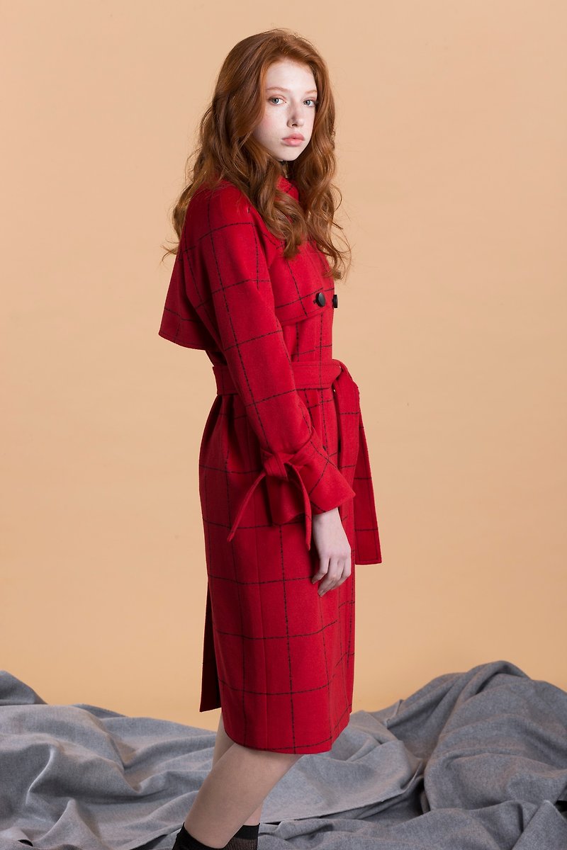 格紋毛料綁帶風衣/紅 - 女西裝外套 - 羊毛 紅色