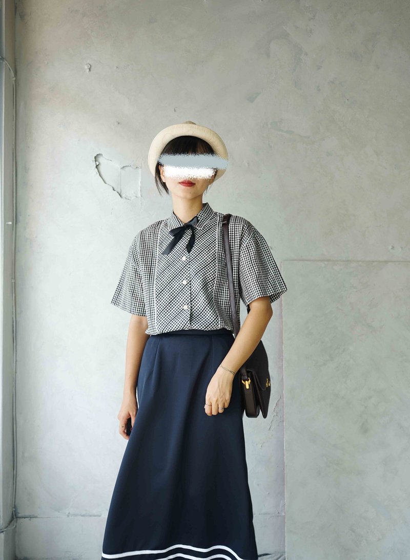 尋寶古著-小清新黑白格少女小花邊棉質襯衫 - 女襯衫 - 聚酯纖維 黑色