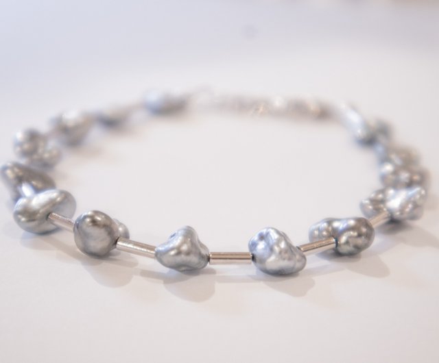 タヒチ産天然ケシ黒真珠ブレスレット 925スターリングシルバー