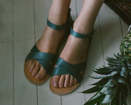 Crupon 夏季涼鞋、藍綠色女士涼鞋、皮革涼鞋、女士涼鞋、夏季鞋