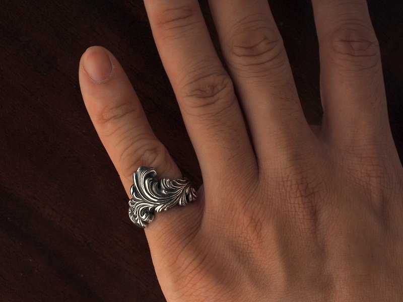 古典巴洛克波浪骨董花紋戒指 925純銀飾 - 戒指 - 純銀 銀色