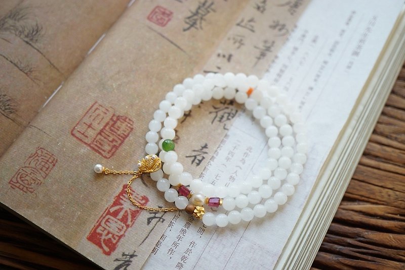 Natural Hetian Jade-White Jade Jasper Tourmaline Design Multi-circle Bracelet Handheld Necklaces - สร้อยข้อมือ - หยก ขาว