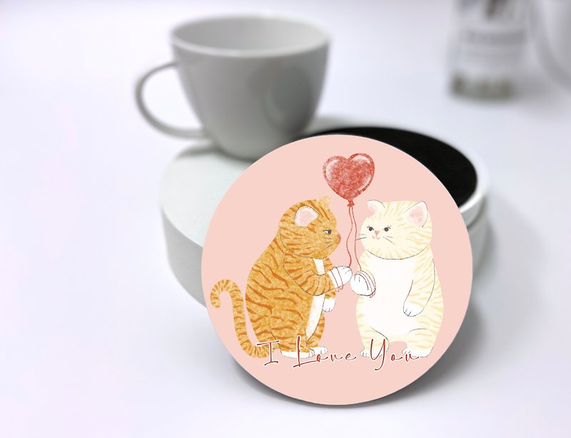 Illustration ceramic absorbent coaster—couple cat (pink) - ที่รองแก้ว - เครื่องลายคราม 