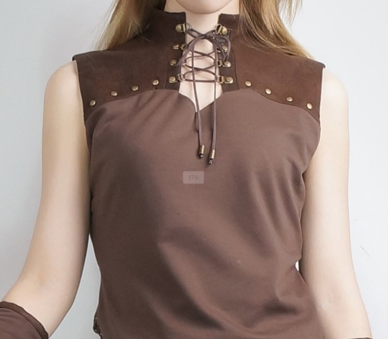 スチームパンク風 ネックレースアップ リベット装飾 ピュアコットンニット スタンドカラー ストレート ノースリーブTシャツ - トップス ユニセックス - ウール ブラウン
