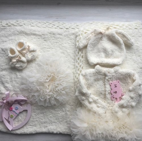 V.I.Angel Hand knit ivory clothing set for baby girl. Dress,bunny hat, booties and blanket