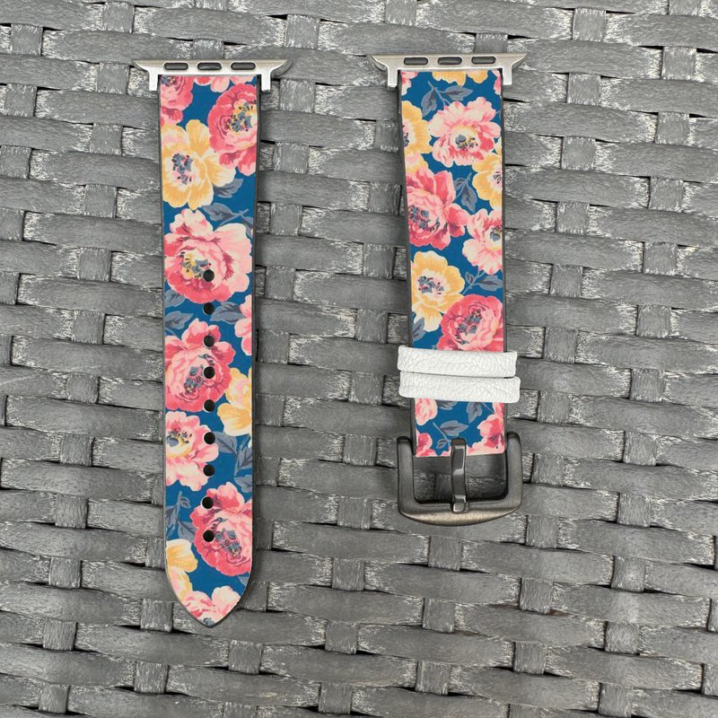 懷舊鮮花花紋藍色 Apple Watch 潮流矽膠錶帶 - f003 - 錶帶 - 矽膠 多色