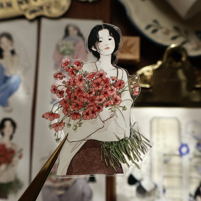 壹洱文創第14期新品【元氣甜妹】甜美人物切模和紙膠帶素材貼紙 - 紙膠帶/和紙/PET - 其他材質 紅色