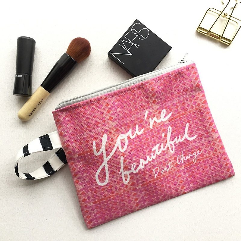 You are beautiful don't change cosmetic bag english calligraphy alphabet pen bag zipper bag pouch bag - Clutch Bags - Polyester Pink
