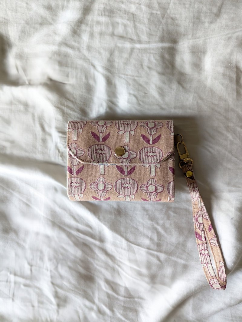 四層短夾錢包-手繪線條花 6卡層+掛繩 - 錢包/皮夾/長短夾 - 棉．麻 