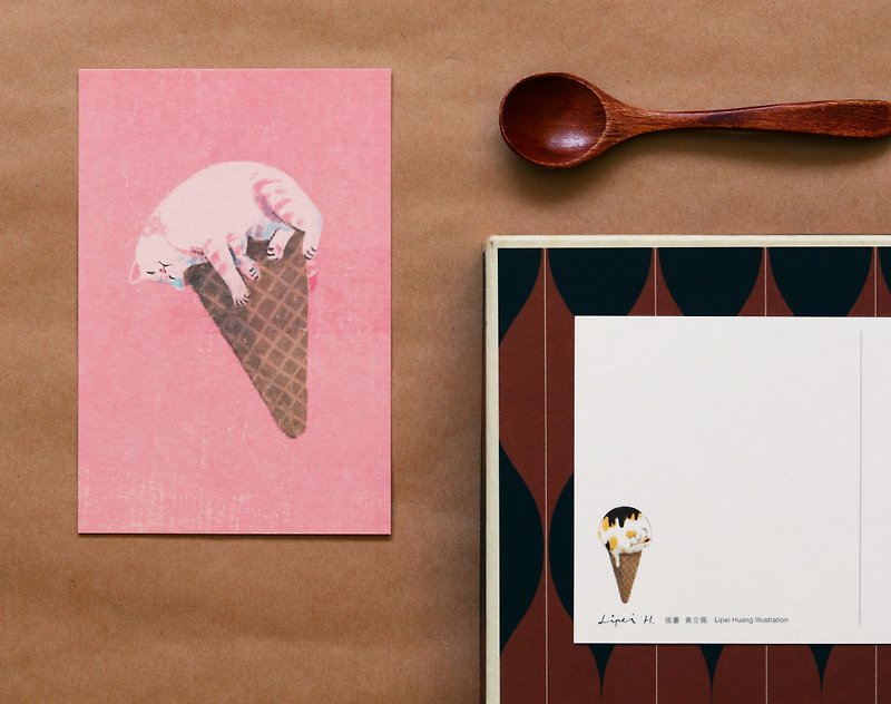 Strawberry Cat Ice Cream - Cards & Postcards - Paper Pink