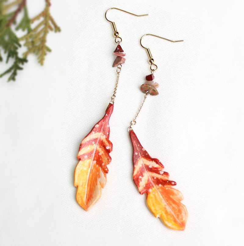 Handmade feather earrings (Red) - Earrings & Clip-ons - Clay Red