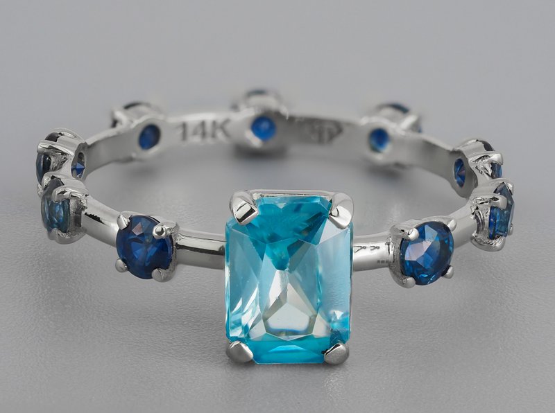 14k gold ring with topaz and sapphires - 戒指 - 貴金屬 金色