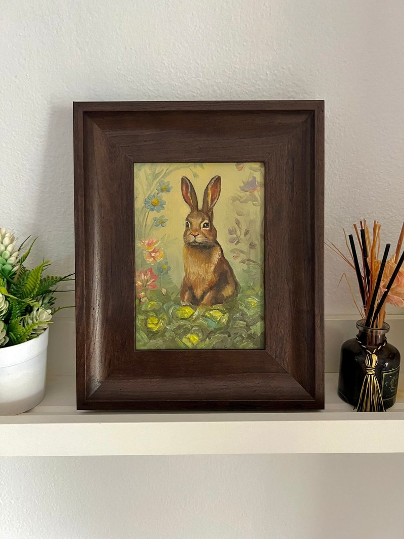 Cute Bunny Rabbit Original Oil Painting Animal Pet Small  framed art 13x18 cm - 插畫/繪畫/寫字 - 棉．麻 多色