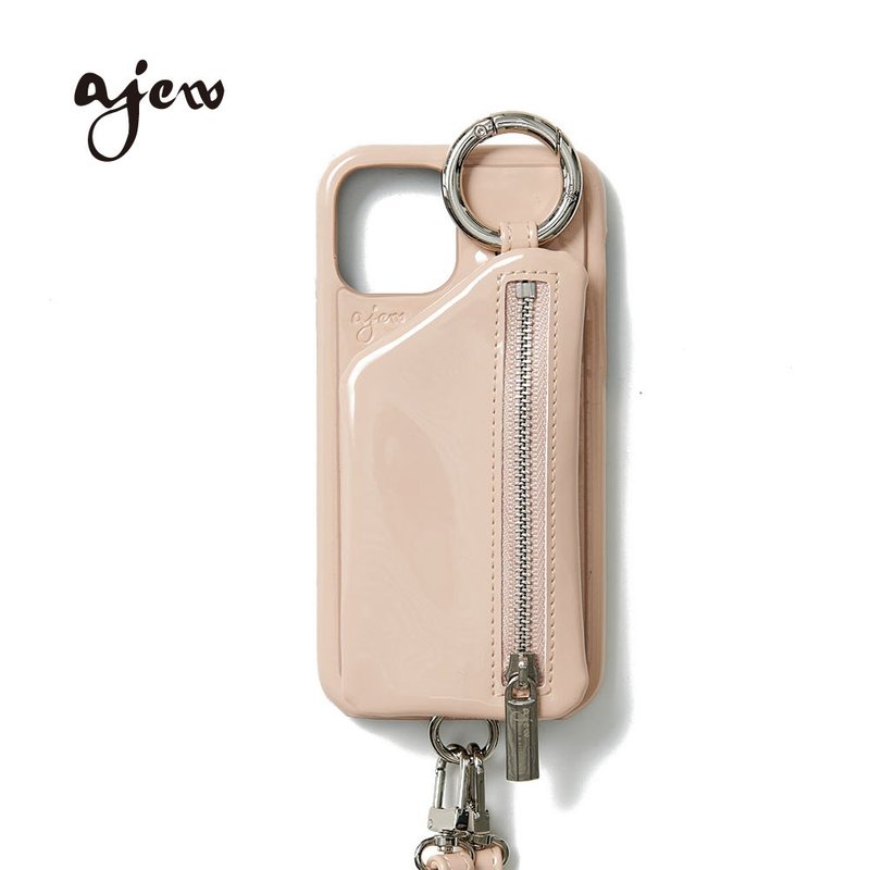 ajew patent 漆皮亮面拉鍊口袋手機殼 / beige(含背帶) - 手機殼/手機套 - 人造皮革 卡其色