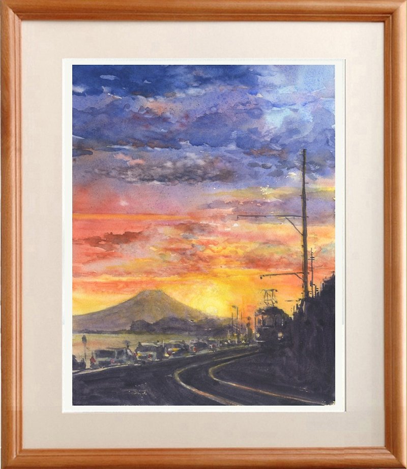 Original painting of watercolors Mt. Fuji and sunset - โปสเตอร์ - กระดาษ สีส้ม