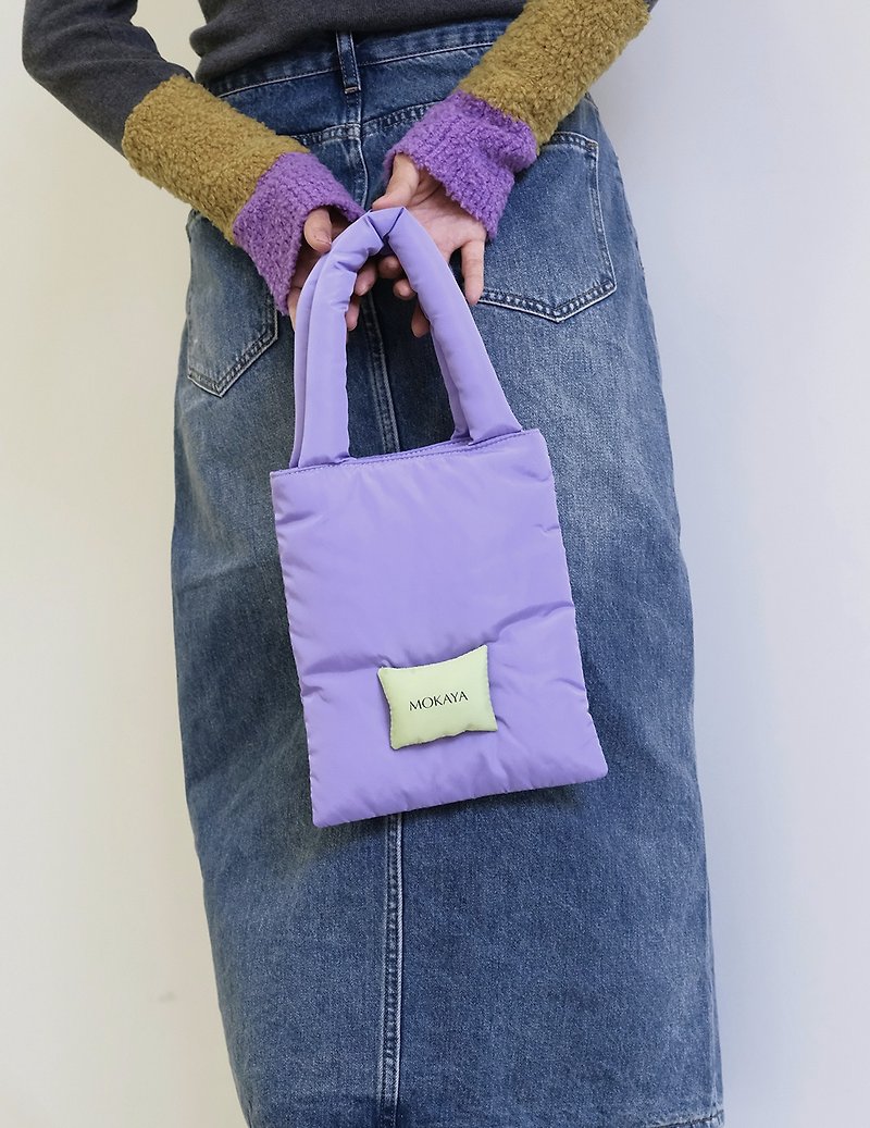 軟嘭嘭枕頭包 撞色設計 可愛充棉手提包 便攜包 便當袋 - 側背包/斜背包 - 棉．麻 紫色