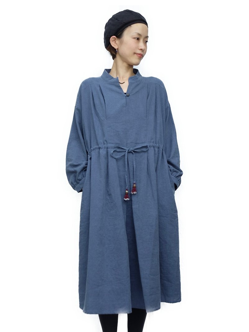 omake  /  Dola 小立領襯衫綁帶洋裝  紺鼠色 - 洋裝/連身裙 - 棉．麻 藍色