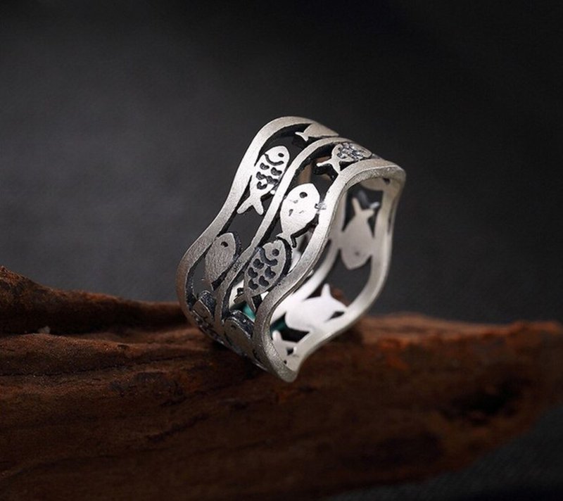 Real 990 Fine Silver Women Dress Jewelry Vintage Ethnic Hollow Wide Finger Ring - แหวนทั่วไป - เงินแท้ สีเงิน