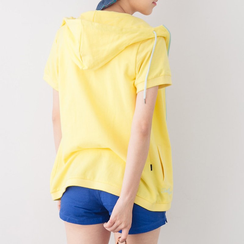 High collar zipper contrasting color short-sleeved hooded jacket pure cotton summer short-sleeved stand-collar sports hat T-goose yellow - Women's Casual & Functional Jackets - Cotton & Hemp Yellow