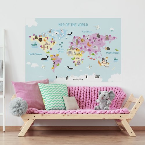 自由取材 Deco Life 【輕鬆壁貼】兒童世界地圖 | 粉嫩系 - 無痕/居家裝飾
