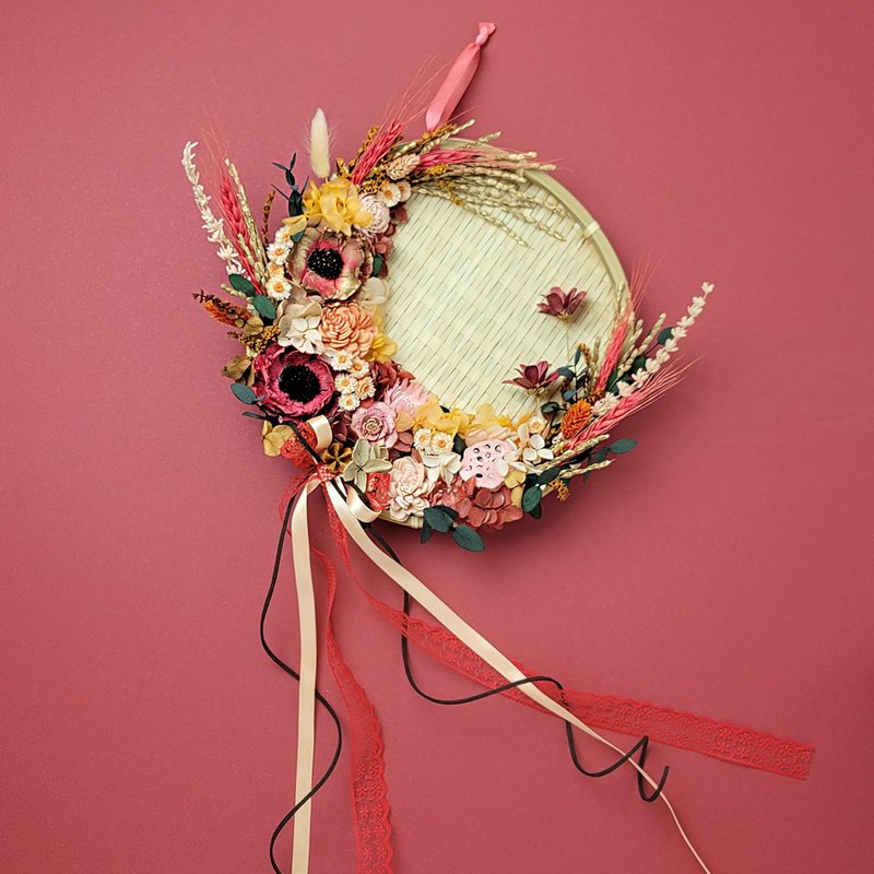 Preserved flower dried flower rice sieve decoration - festive red orange pink last quarter moon style housewarming gift - ช่อดอกไม้แห้ง - พืช/ดอกไม้ สีแดง