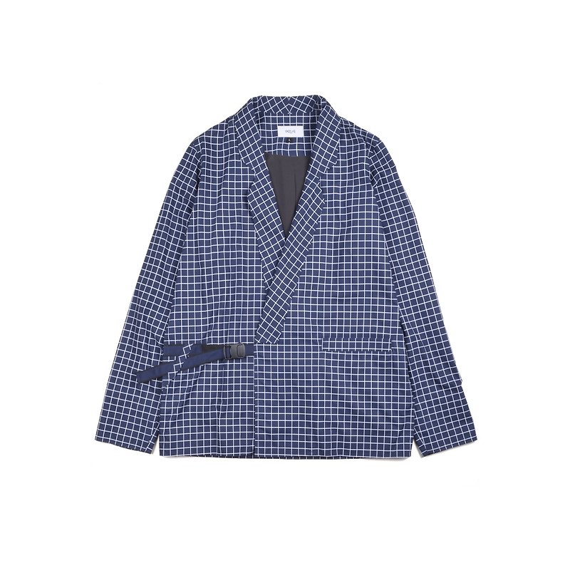 oqLiq - AdHeRe - Suit-style Quick-release Buckle Crop Plaid (Check) - เสื้อโค้ทผู้ชาย - ผ้าฝ้าย/ผ้าลินิน สีน้ำเงิน