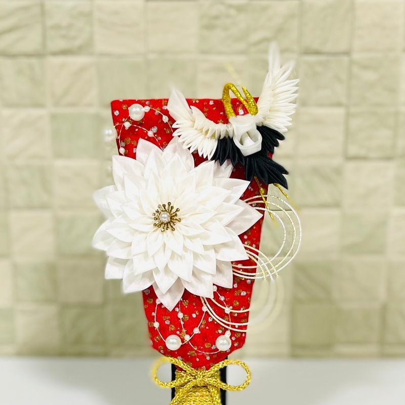 台座付き羽子板　羽子板飾り　つまみ細工　鶴　大花　インテリア　置物 - 擺飾/家飾品 - 絲．絹 