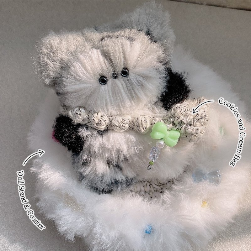 Gray Cat doll Keyring(Includes Cookies and Cream Bag, Doll Stand Coaster) - 鑰匙圈/鑰匙包 - 其他材質 灰色