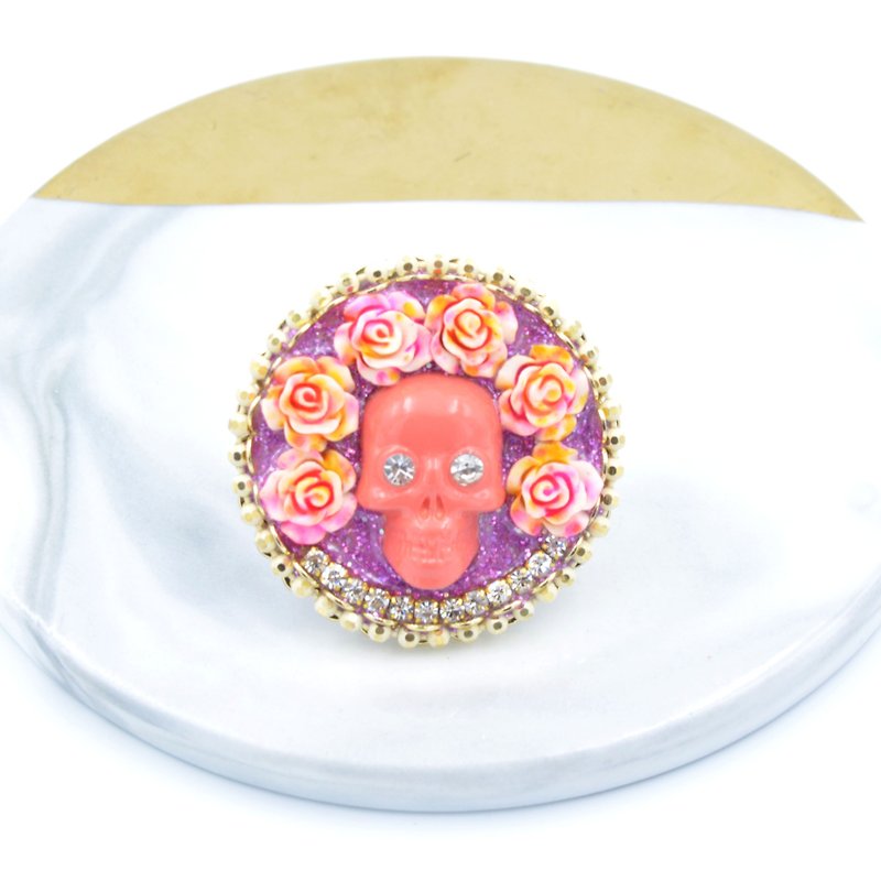 紋身黑暗風 粉紅色骷髏頭玫瑰花戒指 手工製  自家設計 - 戒指 - 其他金屬 粉紅色