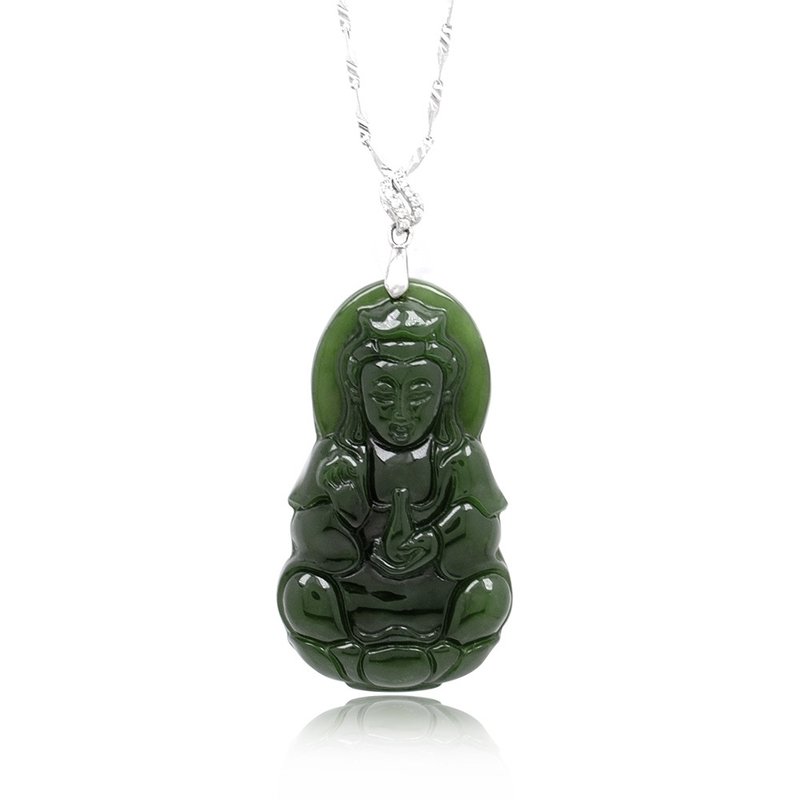 Nephrite Jade Guanyin Pendant Old Mine Jade Carvings Sterling Silver Clasps - Necklaces - Jade Green