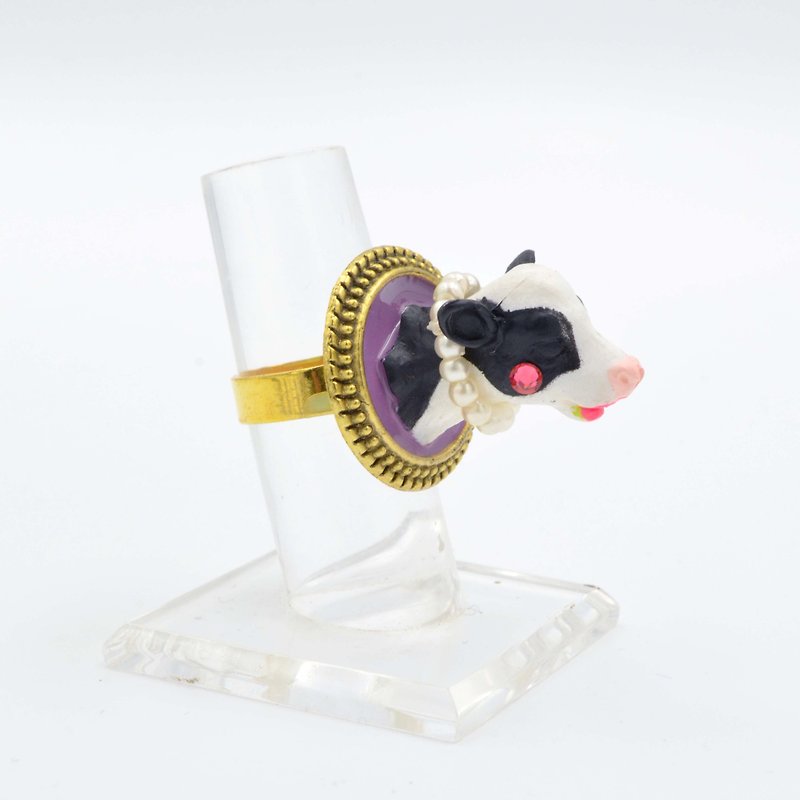 Black milk cow head pearl chain ring pink crystal rouge adjustable size - แหวนทั่วไป - โลหะ สีดำ