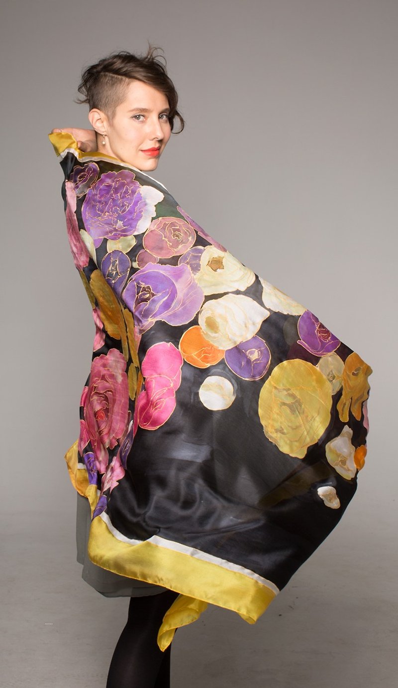 Floral Silk scarf/ Silk shawl-Falling Ranunculus/ Luxury Scarves - ผ้าพันคอ - ผ้าไหม หลากหลายสี