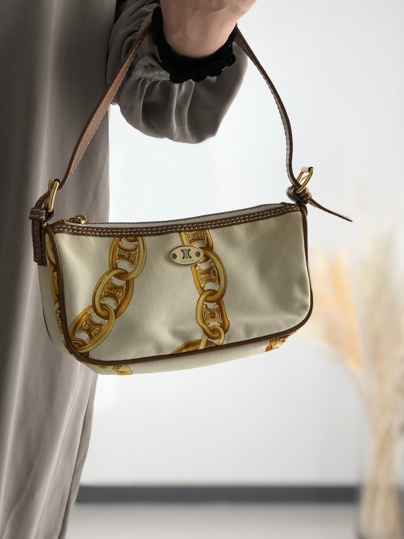 【 日本直送　名牌中古包 】CELINE セリーヌ チェーン ハンドバッグ ホワイト ブラゾン キャンバス vintage ヴィンテージ オールド vzzbsd - 手提包/手提袋 - 棉．麻 白色