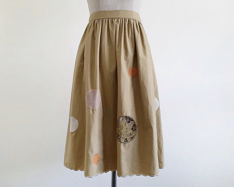 24 Waist Vintage Brown Cotton Skirt Womens Embroidered Skirt Gathered Skirt XS - 裙子/長裙 - 棉．麻 咖啡色