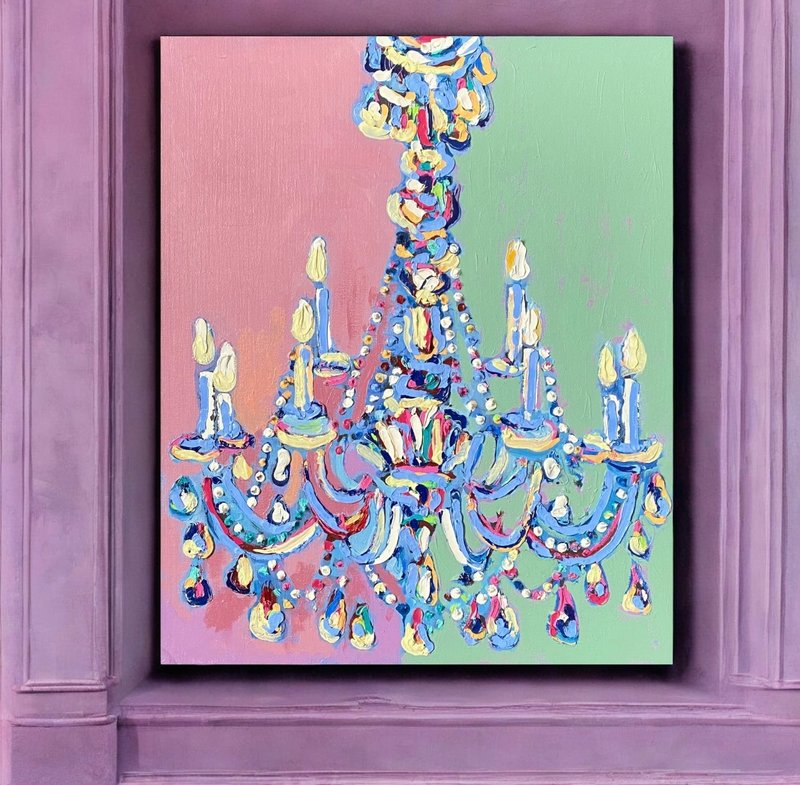 現代枝形吊燈在畫布面板上的原創油畫牆面裝飾抽象藝術 - 壁貼/牆壁裝飾 - 其他材質 粉紅色