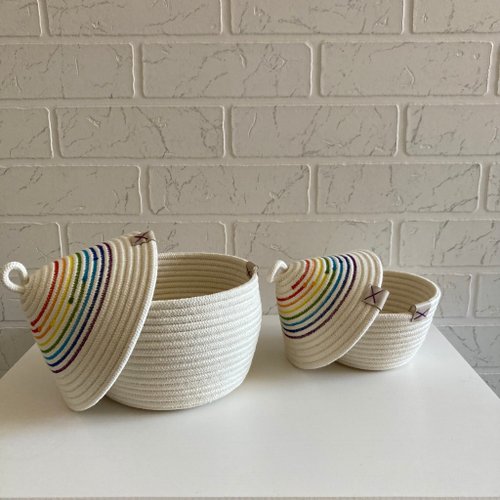 Small rope basket with lid Pastel rainbow decor Cotton rope basket with  handles - Shop KOTTOSH ART Baby Accessories - Pinkoi