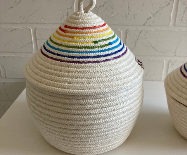 Small rope basket with lid Pastel rainbow decor Cotton rope basket with  handles - Shop KOTTOSH ART Baby Accessories - Pinkoi