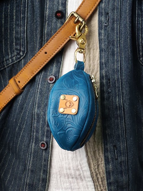 梵果 真皮零錢包 手作橄欖球型 頭層牛皮鑰匙包 飾品收納小包