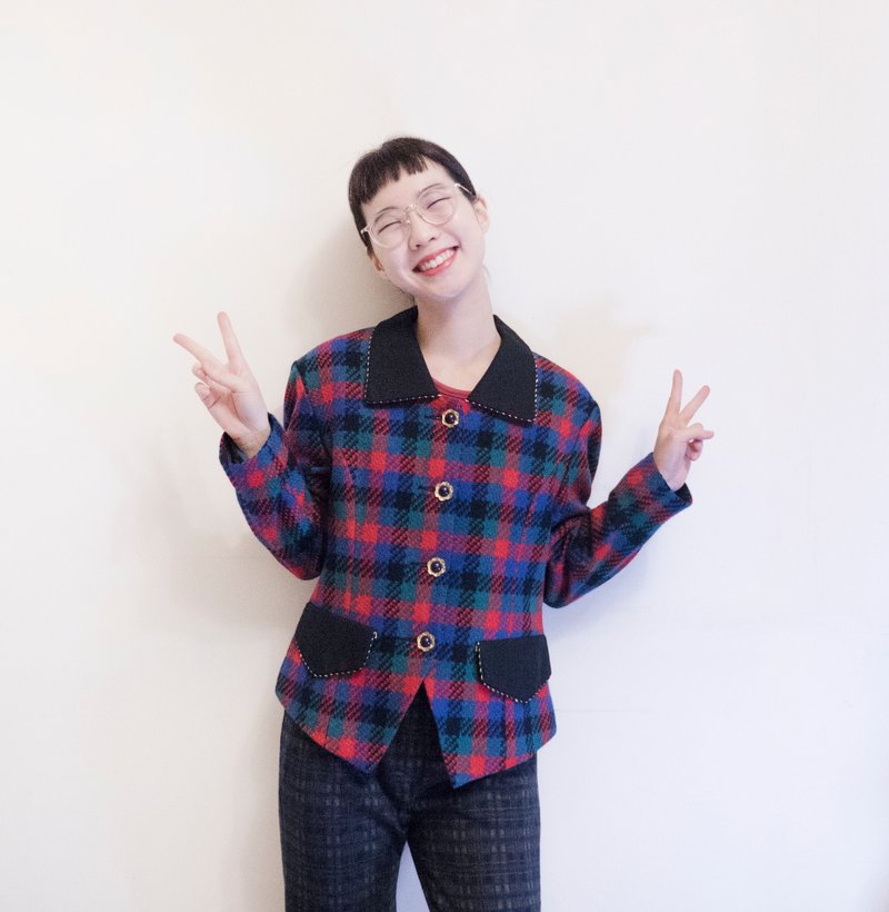 復古小花鈕扣格子毛料上衣_手作衣 - 女上衣/長袖上衣 - 羊毛 藍色