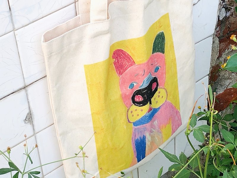 Canvas Bag/Flower Pork Say Hi - กระเป๋าแมสเซนเจอร์ - ผ้าฝ้าย/ผ้าลินิน สีส้ม