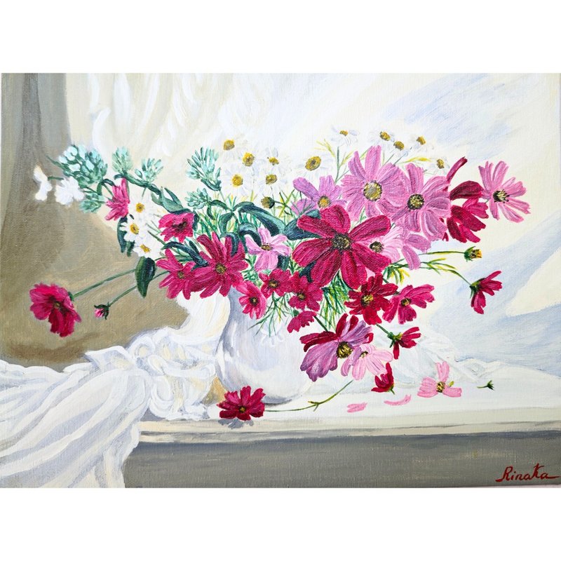 瓶中插著粉紅色大波斯菊的花束 花卉靜物 RinaArtSK 原創藝術作 - 壁貼/牆壁裝飾 - 其他材質 多色