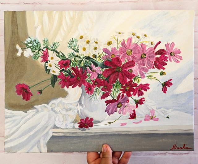 バラの花瓶 大型絵画 サイン入り　インテリア　美術品　静物画　デザイン額縁 バラの花瓶 大型絵画 サイン入り インテリア 美術品 静物画