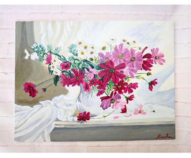 花瓶に入ったピンクのコスメの花束 花の静物画 RinaArtSKによる