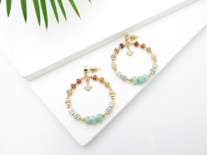 COLE COOL natural Amazonyte circle earrings clip  Japanese style - ต่างหู - เครื่องประดับพลอย หลากหลายสี