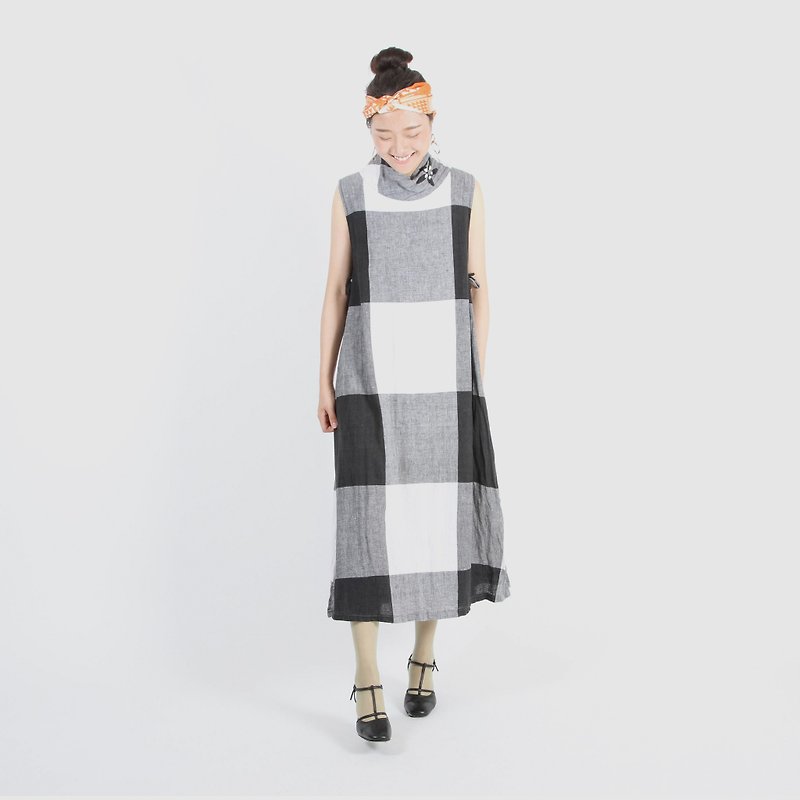 [Egg plant vintage] high collar plaid print sleeveless vintage dress - One Piece Dresses - Polyester Black