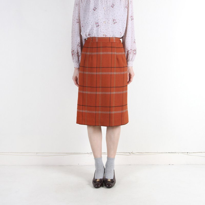 [Vintage] egg plant persimmon plaid wool vintage A word skirt - Skirts - Wool Orange