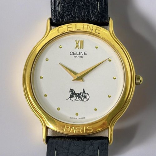 LA LUNE Vintage 日本鑑證古董品選物店 絕版古董包中古二手Celine馬車黑金色皮革帶女裝手腕錶飾品禮物